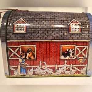 Vintage Litho Red Barn Farmhouse tin Moneybox  with Animal Design